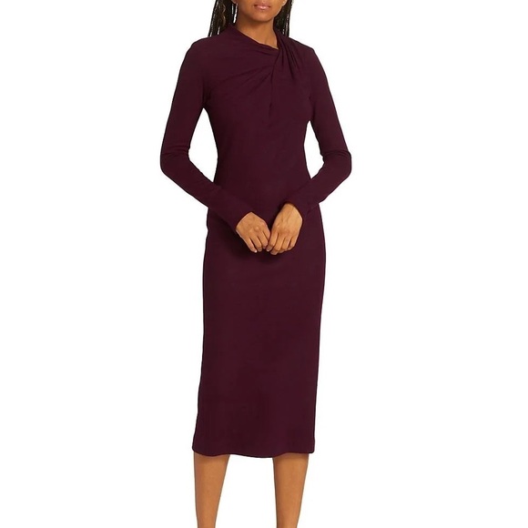 Adam Lippes $1590 Wool Twisted Neck Long Sleeve Midi Dress in Merlot - Picture 1 of 7